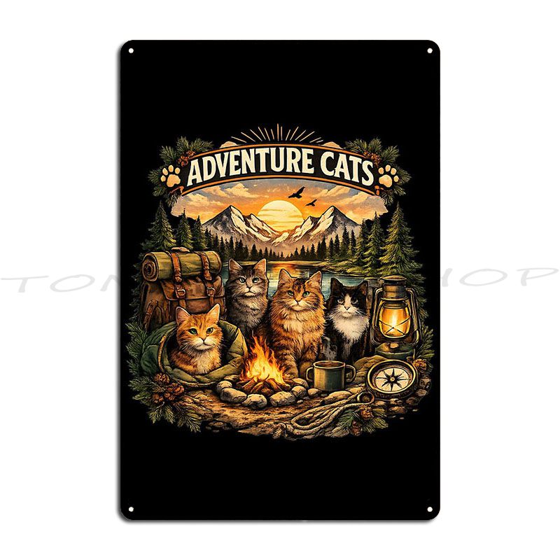 Outdoor Adventure Cinema - Kucing Petualang, Poster Plakat Logam untuk